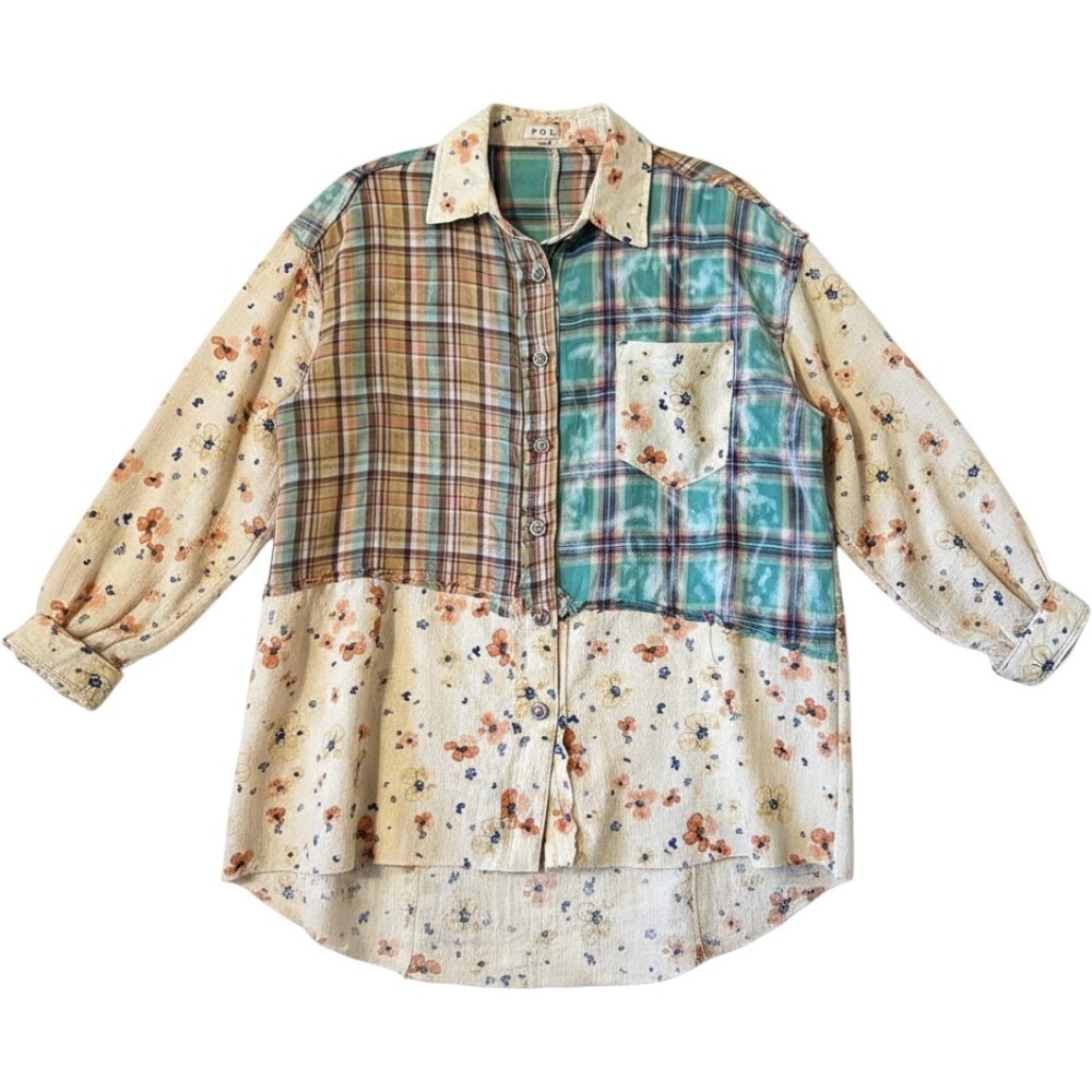 POL Patchwork Button Down Shirt M Multicolor Plaid Floral Raw Hem Boho UWT450